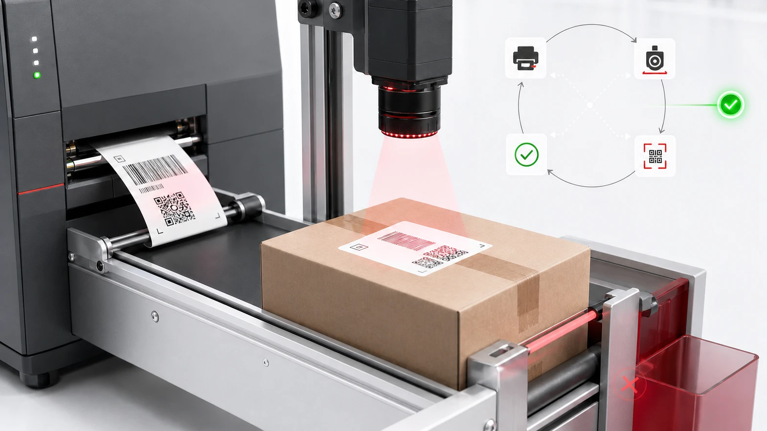 FastLabel 原创概念图:标签出标、视觉读码校验、合格判定与剔除联动同框的工业识别现场,非产品实拍,影片制作中