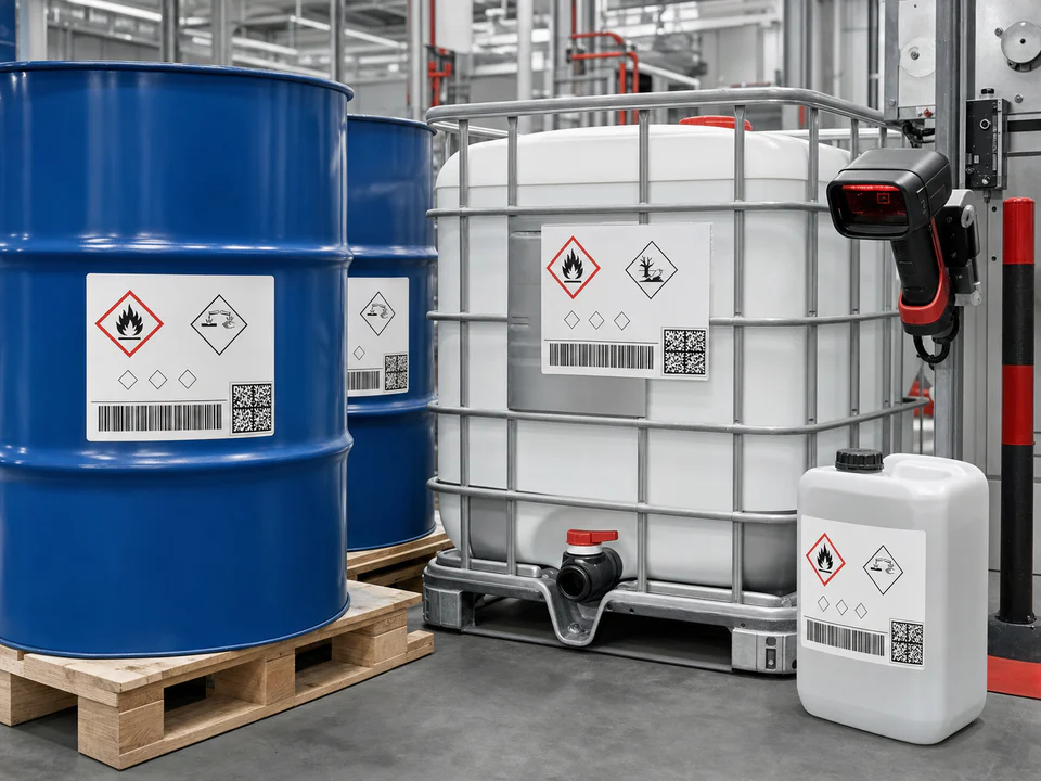 原创化工标签应用示意，工业桶、IBC 容器和小型罐体使用大幅标签并接受扫描